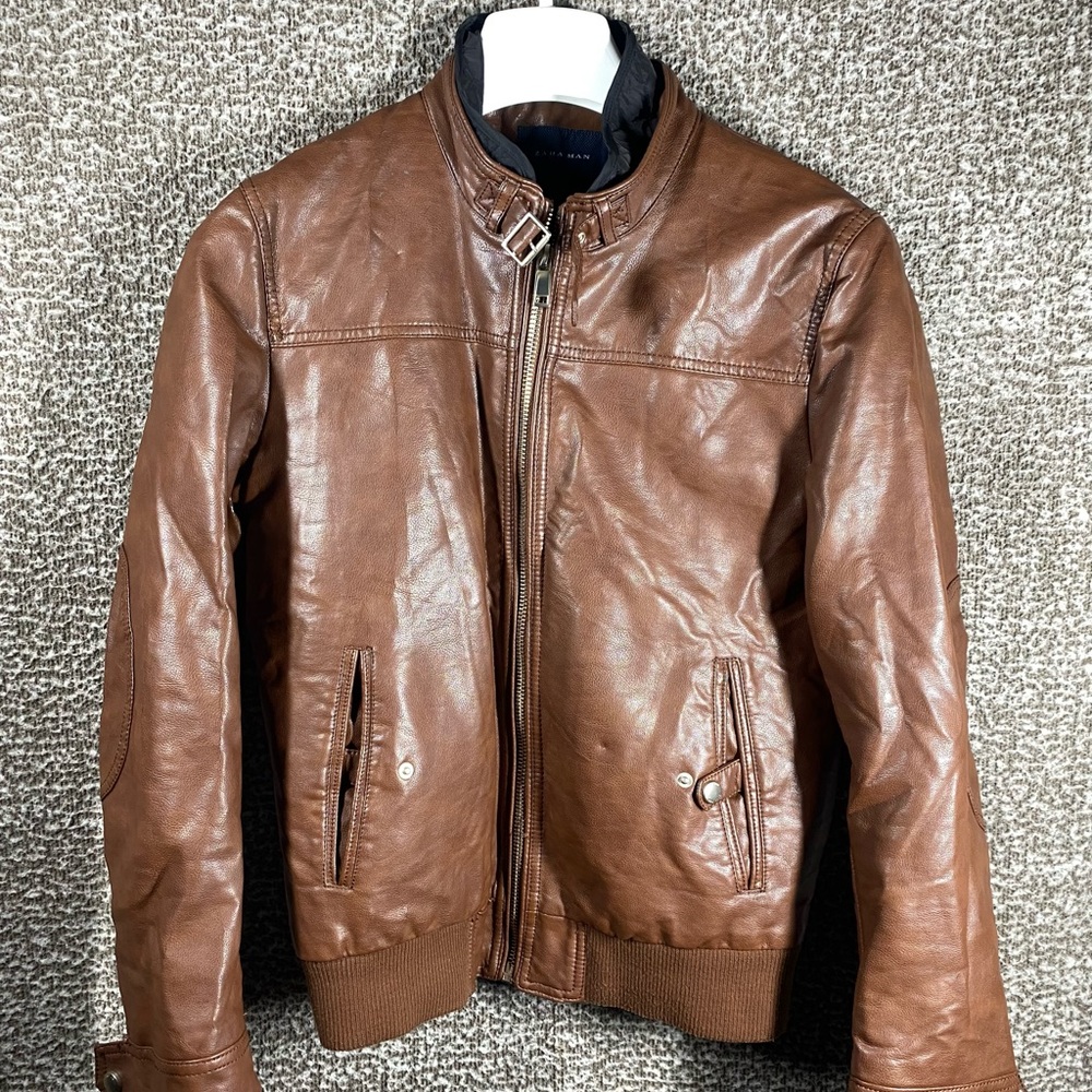 Zara man faux brown leather biker’s jacket large